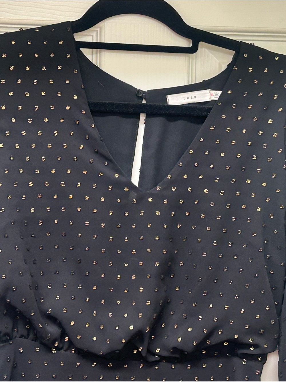 Lush Black V-Neck Dress with Gold Stud Accents